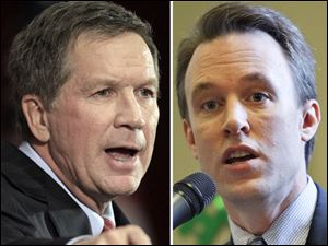 Ohio Gov. John Kasich, left, a Republican, calls the state’s financial position ‘the Ohio comeback.’ Ed FitzGerald, right, a Democrat from Cuyahoga County, predicts legal action on abortion restrictions. 