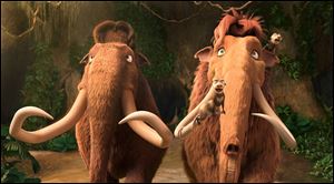 Mammoths Manny, left, and Ellie, along with possums Crash and Eddie are shown in a scene from, 