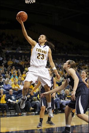Inma Zanoguera, seen playing for the Toledo Rockets, averaged a team-high 3.2 assists to go along with 9.8 points was named to the all tournament team.