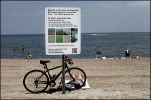 A sign alerts swimmers to algae dangers at Maumee Bay State Park. Frequently changing lake conditions complicate the message.