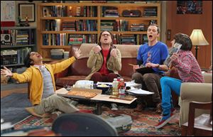 From left,  Kunal Nayyar, Johnny Galecki, Jim Parsons and Simon Helberg in a scene from 'The Big Bang Theaory' which has been nominated for an Emmy for outstanding comedy series.