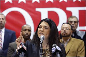Anita Lopez speaks during an election rally at the Aurora Gonzalez Community Center  in April during which she announced she was running for mayor.