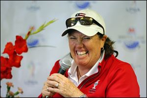 Meg Mallon laughs about being disqualified from the Jamie Farr in 1996 as she speaks with the media  during the second round of the Marathon Classic today at Highland Meadows Golf Club in Sylvania.
