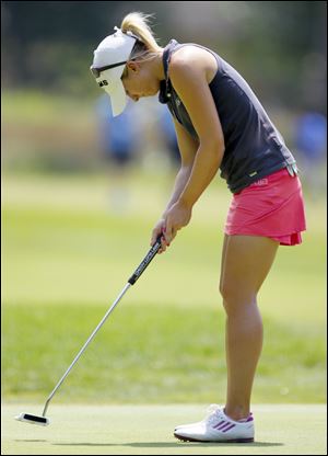 Jodi Ewart Shadoff reacts after missing a putt for birdie on No. 14 during the final round of the Marathon Classic.