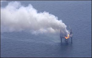 A fire is seen on the Hercules 265 drilling rig in the Gulf of Mexico off the coast of Louisiana.