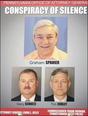 This image released by the Pennsylvania Office of Attorney General shows a poster with images of former Penn State President Graham Spanier, top, retired university vice president Gary Schultz, bottom left, and former athletic director Timothy Curley.