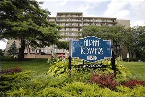 Exterior of the Alpha Towers in Toledo, Ohio. The Fair Housing Center has filed a complaint against Alpha Towers for non-working elevators, beds bugs, and other issues.