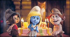 From left, Vexy, voiced by Christina Ricci, Smurfette (Katy Perry), and Hackus (J.B. Smoove) in a scene from ‘Smurfs 2.’