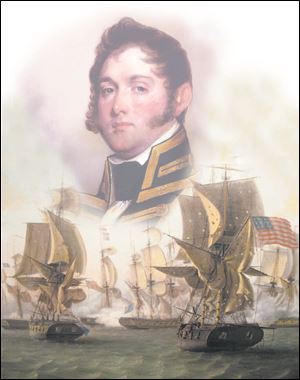 This photo illustration combines Thomas Birch’s ‘Perry’s Victory on Lake Erie’ with a Gilbert Stuart portrait of Perry. 