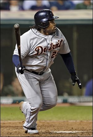 Detroit Tigers' Prince Fielder watches his two-run double off Cleveland Indians relief pitcher Marc Rzepczynski in the 14th inning.