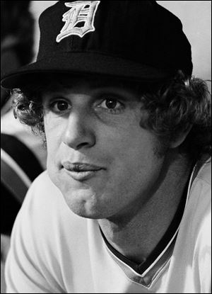 Detroit Tigers pitcher Mark ‘The Bird’ Fidrych, is shown sitting in the Tigers dugout before a 1976 game in Detroit.
