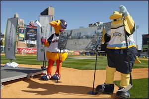 Muddy the Mud Hen, left, and Spike, the Toledo Walleye mascot, hold a rendering of an ice rink while announcing plans to hold a Winterfest and outdoor hockey game at Fifth Third Field. Toledo has been ranked the No. 1 minor league sports market out of 235 communities in the country by Street & Smith's Sports Business Journal.