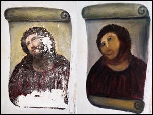 The 20th century Ecce Homo-style fresco of Christ , left and the 'restored' version, at right