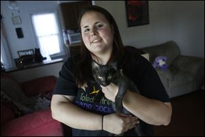 Cyndi Condit holds Tyson, a male 4-month-old kitten, at her home in Maumee. Ms. Condit is fostering Tyson until his upper respiratory infection clears up and he can be adopted out. 