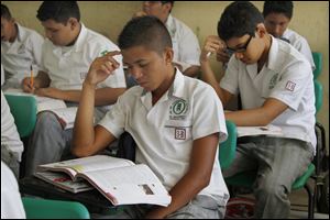 Primary school students study in their classroom in Acapulco, Mexico. 