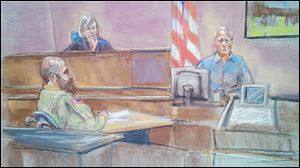 In this courtroom sketch defense witness Stephen Bennett, right, testifies as Maj. Nidal Malik Hasan, left, and presiding judge Col. Tara Osborn look on in court during Hasan's court-martial in Fort Hood, Texas Tuesday.