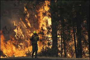 Firefighter A.J. Tevis watches the flames of the Rim Fire near Yosemite National Park, Calif., Sunday.