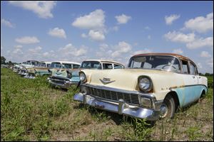 Chevrolet automobiles are lined up in a field near the former Lambrecht Chevrolet car dealership in Pierce, Neb. 