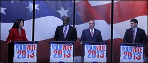 Mayoral candidates Anita Lopez, Mayor Mike Bell, D. Michael Collins and Joe McNamara  during debate at Channel 13 ABC News in Toledo, Ohio.