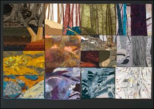 'Hocking Hills: Fiber Reflections,' is a 50-by-38-inch fiber and mixed-media piece by Sharon Hammer Baker, Deborah Bewley, Gerry Brock, Linda Dove, Judy Kahle, Patty Kehoe, Susan Krueger, Pamela MacGregor, Frances Parry, Letty Roller, and Connie Stark. The work is based on a photo by David Bewley.
