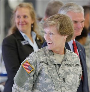 Adjutant General Deborah Ashenhurst during a ceremony honoring  the many  men and women of the 180th Fighter Wing for an overseas deployment in Africa and Jordan Sunday, 09/08/13, in Toledo, Ohio.