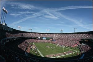 A football fan fell from an elevated pedestrian walkway and died at San Francisco's Candlestick Park, seen here in November, 2012, Sunday during the 49ers-Green Bay Packers game. 