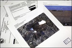 This photo shows pages from a U.S. Fish and Wildlife Office of Law Enforcement document obtained with a Freedom of Information Act, request by the Associated Press in the investigation of a dead bald eagle the reports says was found at the Carroll Wind Farm in Carroll, Ia.