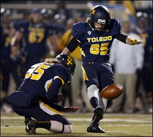 University of Toledo kicker Jeremiah Detmer has made 22 consecutive field goals for the Rockets. He can break Alex Steigerwald’s team record of 23 straight with two more successful kicks.