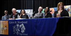 Left to right host Jerry Jones, Baldemar Velasquez, president of the Farm Labor Organizing Committee, Dr. Lorna Gonzales, Race Relations Educator, Rev. Dr. Larry Clark, Pastor of the First United Methodist Church in Sylvania, Lisa McDuffie, President/CEO of YWCA of  Northwest Ohio, and Karen Mathison, President, CEO of The United Way of Northwest Ohio.