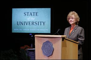 Bowling Green State University President Mary Ellen Mazey gives her 2013 State of the University address in the Donnell Theatre at the Wolfe Center for the Arts in Bowling Green, Tuesday, September 17, 2013.