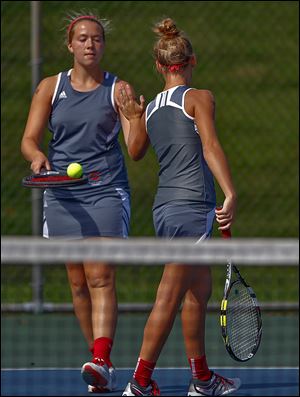 Central Catholic's Mallory Dennis, left, and Emily Brown captured the No. 1 doubles title in the TRAC championships.