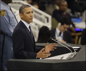 President Obama speaks during the 68th session of the General Assembly at United Nations headquarters.