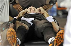 Cleveland Browns quarterback Brian Hoyer is treated on the sidelines after an injury to his right knee in the first quarter of a game against the Buffalo Bills on Oct. 3.
