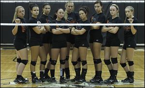 Otsego won the Northern Buckeye Conference volleyball title with, from left, Kylie Asmus, Lindsey Donald, Lauren Wynn, Savannah Schwind, Morgan Smoyer, Emily McVeigh, Abby Hesselschwardt, Mallory Beach, and MacKenzy Varner.