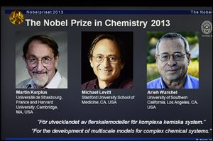 A Web page shows the laureates Martin Karplus, Michael Levitt and Arieh Warshel as winners of the 2013 Nobel Prize in chemistry, announced by the Royal Swedish Academy of Sciences in Stockholm.