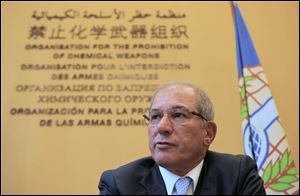 Ahmet Uzumcu, director general of the Organisation for the Prohibition of Chemical Weapons comments on Libya during a press conference in The Hague . The OPCW were awarded the Nobel Peace Prize today.