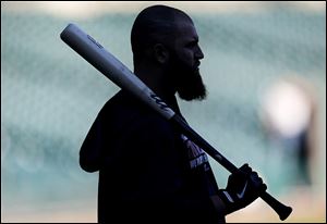The Red Sox's Mike Napoli waits to bat during practice at Comerica Park on Monday.