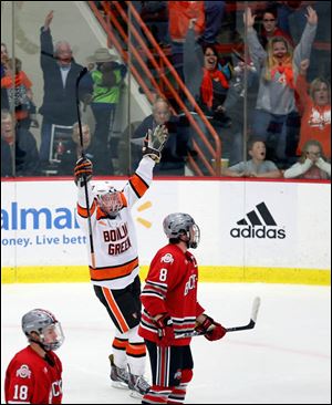 Bowling Green's Ben Murphy celebrates scoring the go-ahead goal against Ohio State during the third period. BG is now 1-1-1 on the season.