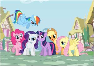 Ponies are, from left, Pinkie Pie, Rainbow Dash (top) Rarity, Twilight Sparkle, Applejack, and Fluttershy.