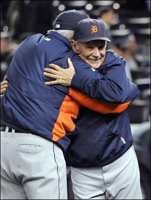 Jim Leyland, right, celebrates after his team beat the New York Yankees 3-2 in Game 5 to win a AL division series in 2011. The Tigers were in the playoffs four of his eight seasons.