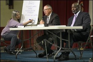 D. Michael Collins, center, and Mayor Mike Bell answer questions posed to them during ONE Village Council mayoral candidate forum at the Chester Zablocki Senior Center in Toledo, Ohio on Tuesday, Oct. 22, 2013.