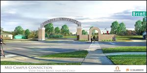 Rendering of the Brint Road entrance, with a new archway, to the Lourdes mid-campus.