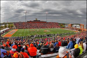 Fans watch as Bowling Green battles the University of Toledo during the first quarter at Doyt Perry Stadium.