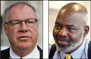Challenger and City Council-man D. Michael Collins, left, and Toledo Mayor Mike Bell will square off in a televised debate scheduled for 7 p.m. today.