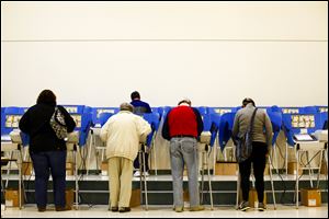 People cast their ballots, Tuesday, November 5, 2013 at the Rossford Board of Education Bulldog Hall in Rossford.