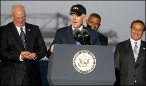 Vice President Joe Biden speaks to the crowd while touring CSX in N. Baltimore.