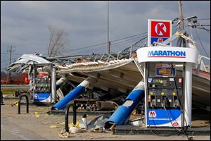 The shelter over the Circle K pumps in Perrysburg Township came crashing down during the storm.