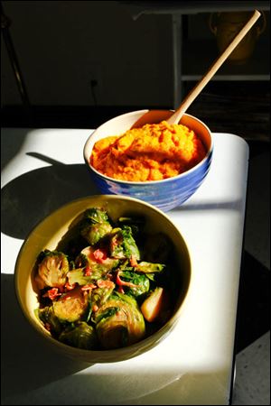 Caramelized brussel sprouts with bacon and butternut squash puree.