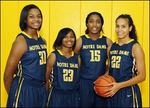 Notre Dame is seeking a third straight TRAC championship with, from left, Tierra Floyd, Christiana Jefferson, Kaayla McIntire, and Jayda Worthy. The Eagles finished 25-4 last season.