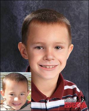 Alexander William Skelton. The lower photo shows Alexander at age 7. The other photo shows him as age-progressed to 9 years old.